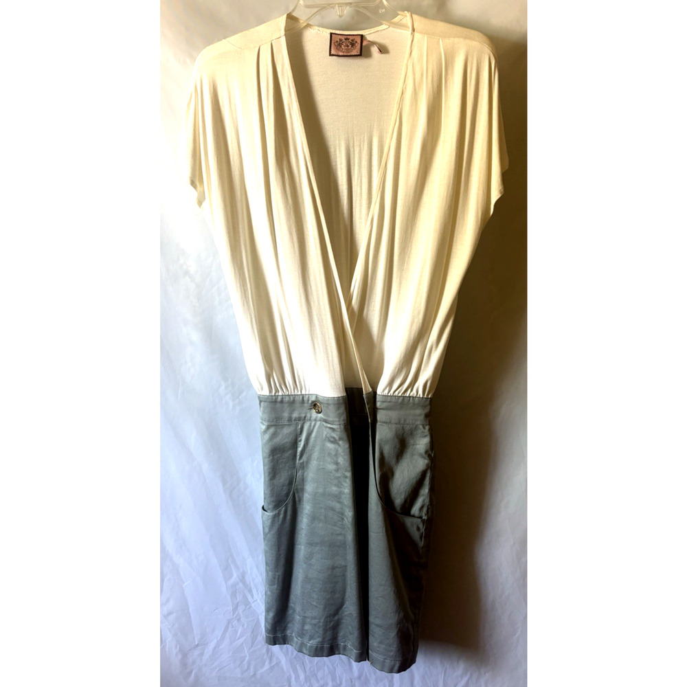 Juicy Couture Dress Women Small Cream Sage Green Elastic Waist Pockets V-Neck